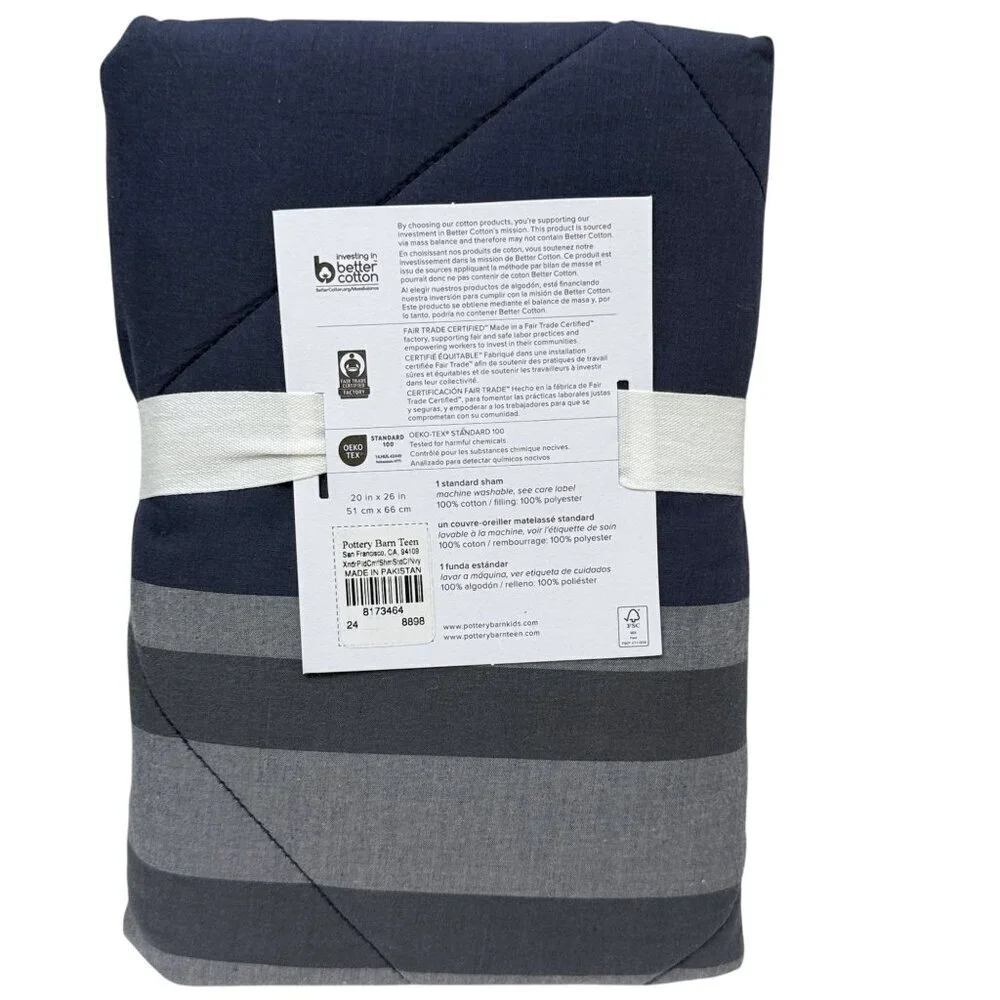POTTERY BARN Pillow Sham Navy Gray Plaid Cotton Standard Size Xander Pillowcase